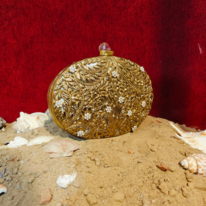 Mother of <b>Pearl</b> Oval <b>Clutch</b> with Heavy Gold Filigree Floral Work <b>Pearl</b> Detailing Luxury Bridal Evening Bag for women - Product Image 2