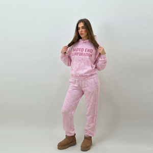 Ensemble de survêtement en molleton rose délavé pour femme Moto End Corporation – Sweat à capuche et pantalon décontracté coupe ample toutes saisons - Product Image 1