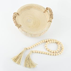 Bol décoratif rond en bois avec poignée en corde et guirlande de perles en bois pour centre de table de Noël et décoration intérieure - Product Image 1