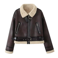 Blouson aviateur en cuir véritable marron pour femme avec garniture en fourrure, fermeture éclair, manteau court d'hiver, manches longues, coupe-vent
