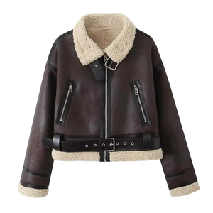 Brown Women's Genuine <b>Leather</b> Shearling Bomber Jacket With Fur Trim Zipper Closure Winter <b>Short</b> Coat Full Sleeve Windproof - Product Image 1