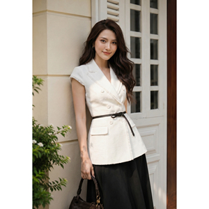 Chaleco Blazer Elegante de Tweed Blanco para Mujer, Doble Botonadura, Manga Casquillo, Oficina, Negocios, Diseño Personalizado ODM OEM ELENA - Product Image 4