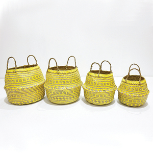 New Design Circle Durable Palm Leaf Belly <b>Basket</b> Yellow Woven Storage Bin <b>Foldable</b> with Handle - Product Image 1