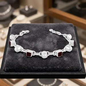 Geometric Garnet 925 sterling silver <b>Chain</b> Bracelet Unisex Classic Style Jewelry Gift - Product Image 3