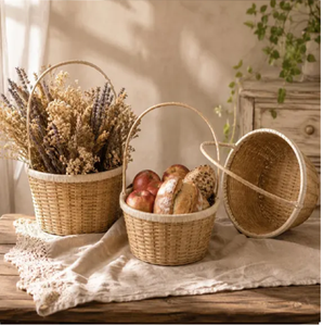 Rustic Dark Brown Oval Woven <b>Bamboo</b> Nesting Display <b>Baskets</b> Thick Durable Handles Eco-Friendly Hanging Design for Hotels - Product Image 2