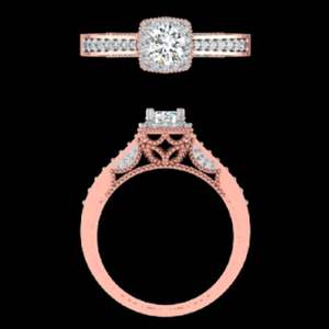 Elegante Anillo de Compromiso de Oro Rosa con Halo de Diamantes y Galería de Filigrana, con Acentos de Piedras Laterales Brillantes Engastadas en Pavé - Product Image 1