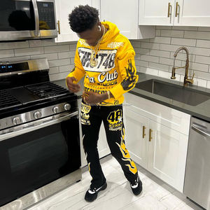 Nouveau survêtement imprimé de couleur jaune à la mode avec logo personnalisé pour unisexe survêtement à capuche à ourlet personnalisé - Product Image 3