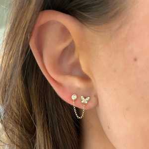 Boucles d'oreilles à double piercing en chaîne, en or massif 14k 18k, avec diamant de laboratoire rond serti en clos en forme de papillon, clous à pression, bijoux fins, vente en gros - Product Image 6