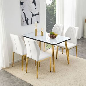 Set da Pranzo Bianco con Effetto Marmo, Piano in Vetro con Base in MDF e Gambe Affusolate in Metallo Dorato, 4 Pezzi - Product Image 1