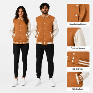 Blouson universitaire unisexe en laine/viscose, style bomber d'hiver, avec col montant à boutons-pression, logo frontal, décontracté, résistant au vent, personnalisable - Product Image 6