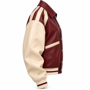 Blouson Bomber Vintage en Cuir de Mouton Véritable pour Femme, Col Relevé, Manches Contrastantes Crème et Bordeaux, Patch Ovale, Style Baseball - Product Image 3