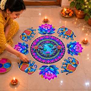 Kit Rangoli en bois bleu ciel de qualité supérieure, Mandala carré traditionnel fait main, Art de sol, Décoration Diwali et Centre de table de mariage - Product Image 3