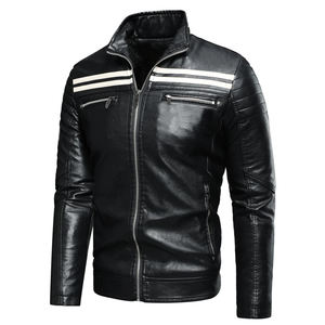 Veste décontractée pour homme en cuir véritable épais, col montant, fermeture éclair, style urbain, pour l'extérieur, veste en cuir noir pour homme - Product Image 3