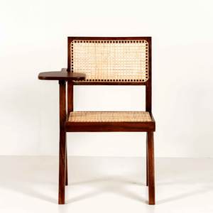 Silla de Estudio Estilo Pierre Jeanneret al por Mayor, Silla de Escritura de Madera Maciza con Patas en V, con Tableta Integrada y Asiento de Ratán Natural - Product Image 2