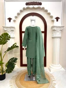 Green Embroidered Traditional Salwar Kameez Set High Neck Long Kurta Pagri for Wedding Party Diwali <b>Pakistani</b> Outfit - Product Image 4