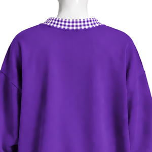 Mens <b>Purple</b> Oversized Crewneck Sweatshirt Gingham Check Trim Long Sleeve Casual Pullover Fashion Streetwear Athletic Sports <b>Top</b> - Product Image 4