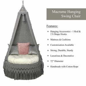 Grey & White Handmade Cotton Macrame <b>Hammock</b> Hanging Swing Chair Boho 72" Swing Chair for Patio Balcony Bedroom Reading Corner - Product Image 5
