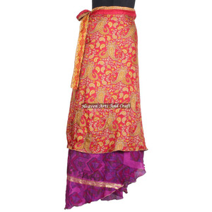 <b>Belly</b> Dance Long <b>Wrap</b> Indian Long Skirt Vintage Indian Silk Sari Magic <b>Wrap</b> Around Skirts Beach Wear 2 Layer Skirt Cover - Product Image 4