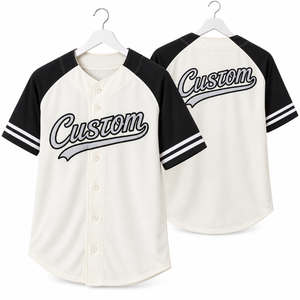 High Quality Custom Team Baseball Jersey Black White Raglan <b>Short</b> <b>Sleeve</b> <b>Button</b> <b>Up</b> Uniform <b>Shirt</b> Striped Cuffs Wholesale Supply - Product Image 6