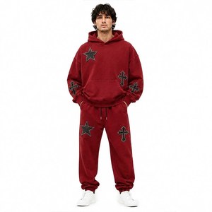 Men 2 Piece Graphic Patch Tracksuit Set Oversized Hoodie Jogger Star Cross Leather Applique Custom OEM Wholesale Manufacturer - Product Image 2