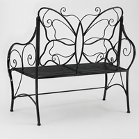 Banc de jardin en métal noir avec dossier en fer forgé, mobilier de terrasse extérieur, décoration