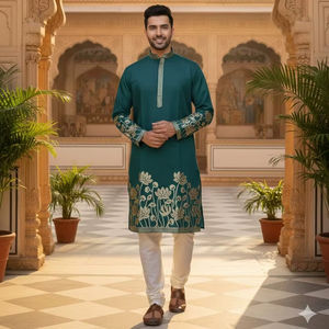 Conjunto de Kurta y Pijama de Seda Bordada de Primera Calidad para Hombre con Detalles en Lámina Dorada – Ropa Étnica para Bodas Reales - Product Image 1