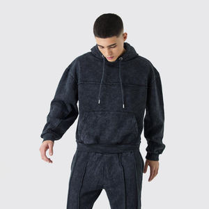 Chándal con Capucha para Hombre, Lavado Oscuro, Algodón, Manga Larga, Color Sólido, Corte Holgado Informal, para Otoño, con Cierre de Cordón Lateral - Product Image 6