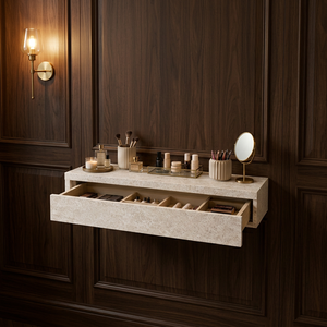 Modern <b>Wall</b> Mount <b>Storage</b> Shelf <b>with</b> Drawer Engineered Wood Top Brass <b>Mirror</b> Included - Product Image 6
