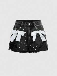 Shorts en jean personnalisés effet vieilli ornés de perles, avec détail nœud blanc chic, pour femme, taille haute, pour l'été - Product Image 2
