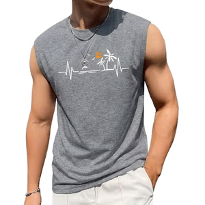 RexFit Sports Trending Men's Gray Sleeveless Tank Top Palm <b>Tree</b> Heartbeat Print O-Neck Casual Breathable Polyester Muscle Shirt - Product Image 1