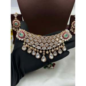 Indian Ethnic Jhanvi Moissanite Choker Necklace Set-Gold Plated Zircon Earring Set - Product Image 5