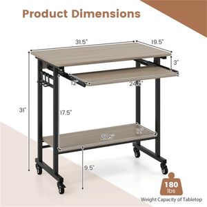 Gray 360 Degree Lockable Casters Mobile <b>Computer</b> <b>Desk</b> with Keyboard Tray and Storage Shelf for Home Office - Product Image 3