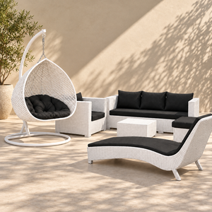 White Wicker Frame Tropical Design Outdoor <b>Sofa</b> Set Hanging Chair <b>Black</b> Cushions Weather Resistant Waterproof for <b>Garden</b>/Patio - Product Image 1
