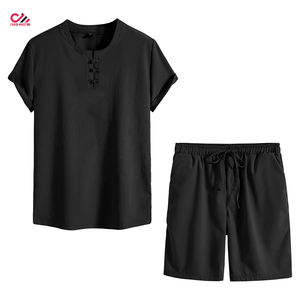 Men Casual 2-Piece <b>Knitted</b> Solid T-Shirt Shorts <b>Set</b> Breathable Summer Baggy Fit Drawstring Waist High Quality Custom Logo - Product Image 3