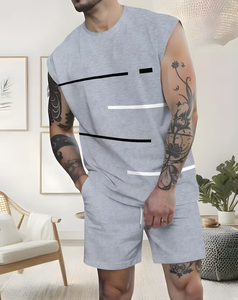 Men's Beach Style Two-Piece <b>Set</b> with Gradient Sleeveless Tank Top and Shorts <b>Knitted</b> Breathable Fabric for Summer Casual Wear - Product Image 1