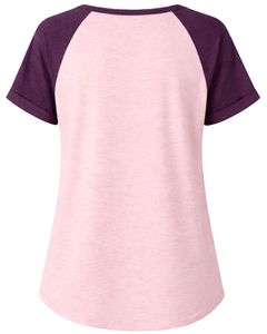 T-shirt pour femme rose poudré et violet prune, col Henley, manches courtes raglan, en coton doux, coupe décontractée ample, respirant, idéal pour l'été - Product Image 2