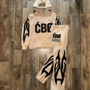 Manufacturer Boxy Fit Acid Wash Winter Cotton Fleece Hoodie Flared <b>Sweats</b> Pants <b>Sets</b> Custom Applique Distressed Embroidery - Product Image 2