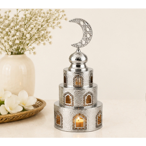 Luxury Silver Hammered Metal Mosque Minaret Tower Ornament with Crescent Moon <b>Top</b> for Ramadan <b>Table</b> <b>Decoration</b> and Eid Mubarak - Product Image 4