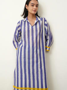 Robe décontractée rayée à manches trois quarts, coupe ample, avec bordure contrastée et col rabattu, tenue d'été, belle robe - Product Image 3