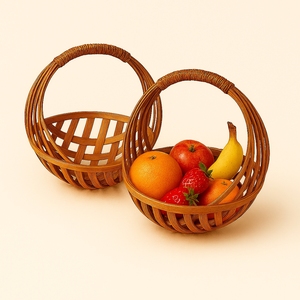 Cesta de Regalo Redonda de Bambú Natural Ecológica con Asa para Frutas, Estilo Rústico - Product Image 1