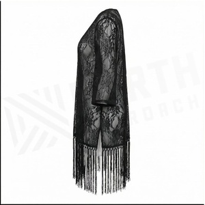 Women Black Lace V-Neck Dress With <b>Fringe</b> Hem Floral Pattern Sheer Overlay Regular Fit 1 Piece Bikinis & Beachwear - Product Image 3