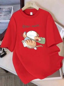 Camisetas de verano para mujer, camisetas con estampado de The Cat That Runs After Work, camisetas suaves de manga corta con cuello redondo, ropa básica para mujer - Product Image 5
