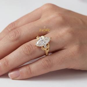 Anillo de Compromiso Ecológico y Moderno, Inspirado en la Naturaleza, con Tres Piedras Marquise, Diamante Creado en Laboratorio, Oro Sólido de 14K, para Mujer, Aniversario - Product Image 6