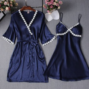 Ensemble de robe de chambre pour femme avec dentelle, col en V, chemise de nuit et peignoir à manches courtes, longueur genou - Product Image 3