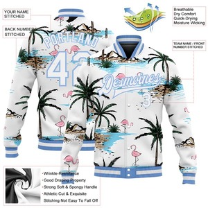 เสื้อแจ็คเก็ตวาร์ซิตี้พิมพ์ลายต้นปาล์ม 3 มิติ สีฟ้าอ่อนแบบกำหนดเอง สไตล์ฮาวาย ติดกระดุมแบบเต็มตัว ทรงบอมเบอร์ เสื้อเลตเตอร์แมน สตรีทแวร์ - Product Image 2