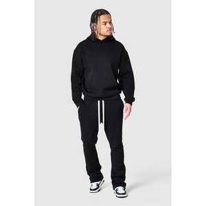Sweat-shirt à capuche noir surdimensionné pour homme, couleur unie, coton French Terry, coupe décontractée, longueur normale, design épaules tombantes - Product Image 1