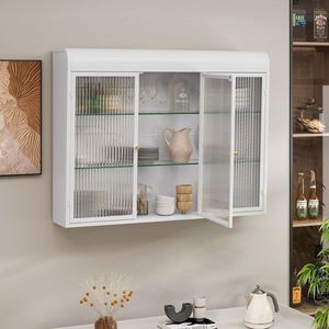 White 3-Door Arched Wall Mounted Glass Cabinets for <b>Kitchen</b> Living Room Bathroom-for <b>Storage</b> - Product Image 4