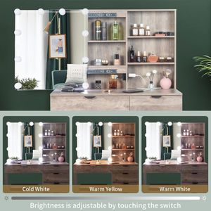 "Modern Wood MDF/Panel 6-Drawer 2-Shelf <b>Dressing</b> Table Set with Triamine Veneer 3 Light Bulbs Mirror Cabinet for Bedroom" - Product Image 5
