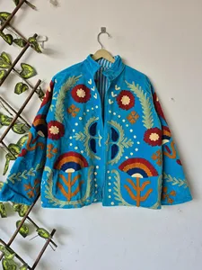 Luxury Sky Blue <b>Velvet</b> Suzani Embroidered <b>Jacket</b> With Floral Pattern Full Sleeve Stand Collar Bohemian <b>Women's</b> Warm wear - Product Image 4