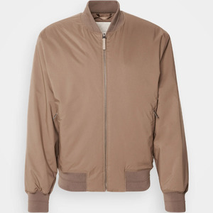 Men's Beige Bomber <b>Jacket</b> Solid Color Stand Collar Zipper Closure Casual Autumn Wear Regular Fit Polyester Canvas Material - Product Image 2